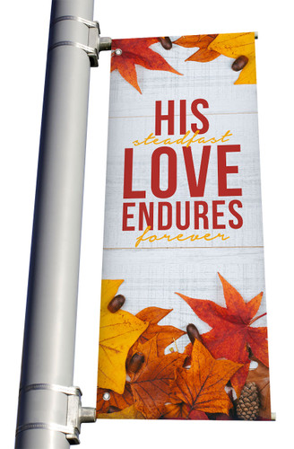 Rustic White Wood His steadfast love endures forever light pole banner for fall harvest season