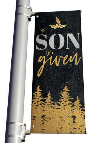 Gold Holly Trees A Son is Given Light Pole banner Christmas