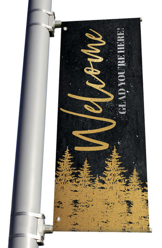 Gold Holly Trees Welcome Light Pole banner Christmas