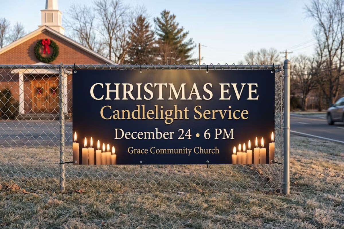 Christmas Eve Candlelight Service vinyl banner on a chain-link fence in front of a church in December