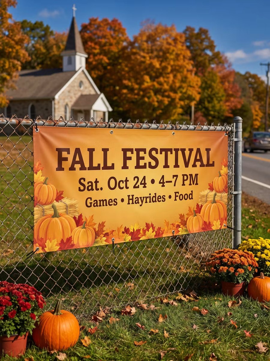 Fall Festival vinyl banner zip-tied to a chain-link fence along a church's street frontage with pumpkins and mums