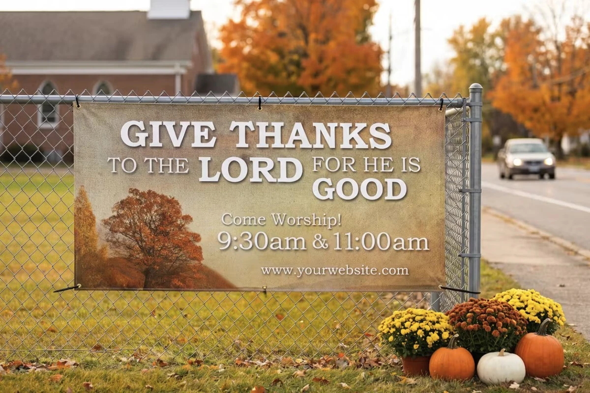 Give Thanks to the Lord for He is Good outdoor fall banner HVB002 on a chain-link fence by the road with mums and pumpkins