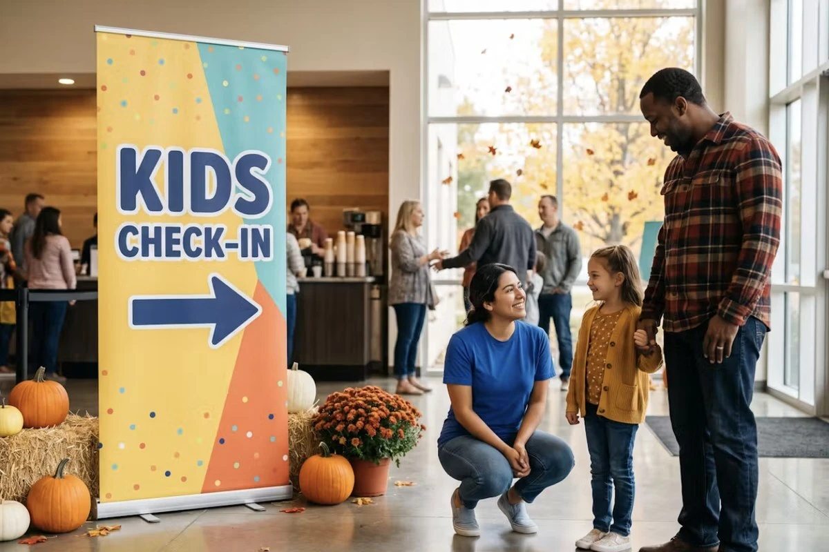 Kids check-in retractable banner decorated with pumpkins and mums while a volunteer in a blue t-shirt greets a family in a church lobby