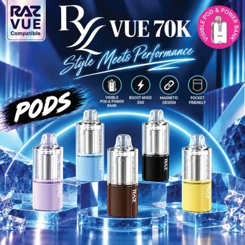 Five compact vape pods in assorted colors displayed on clear crystal platforms with a futuristic blue illuminated background.