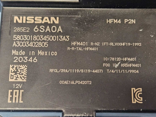23-24 Nissan Pathfinder Keyless Entry Sensor Control Module Unit 285e26sa0a Oem