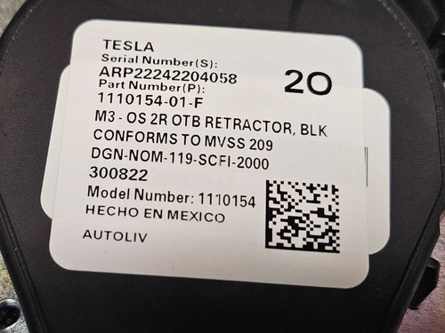 2017 2022 Tesla Model 3 Rear Left Or Right Seatbelt Retractor 111015401f OEM