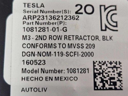Tesla 2017–2023 Tesla Model 3 Rear Left or Right SeatBelt Retractor 108128101G OEM  Tesla 2017–2023 Tesla Model 3 Rear Left or Right SeatBelt Retractor 108128101G OEM