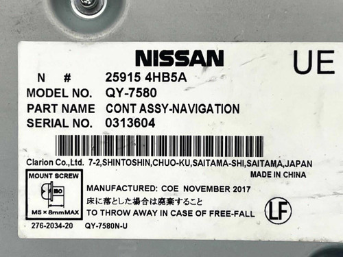 Infiniti 2017-2019 Infiniti Qx50 Qx80 Navigation Control Unit Module 259154hb5a OEM 