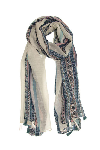 Boho Stripe Tassel Scarf - White