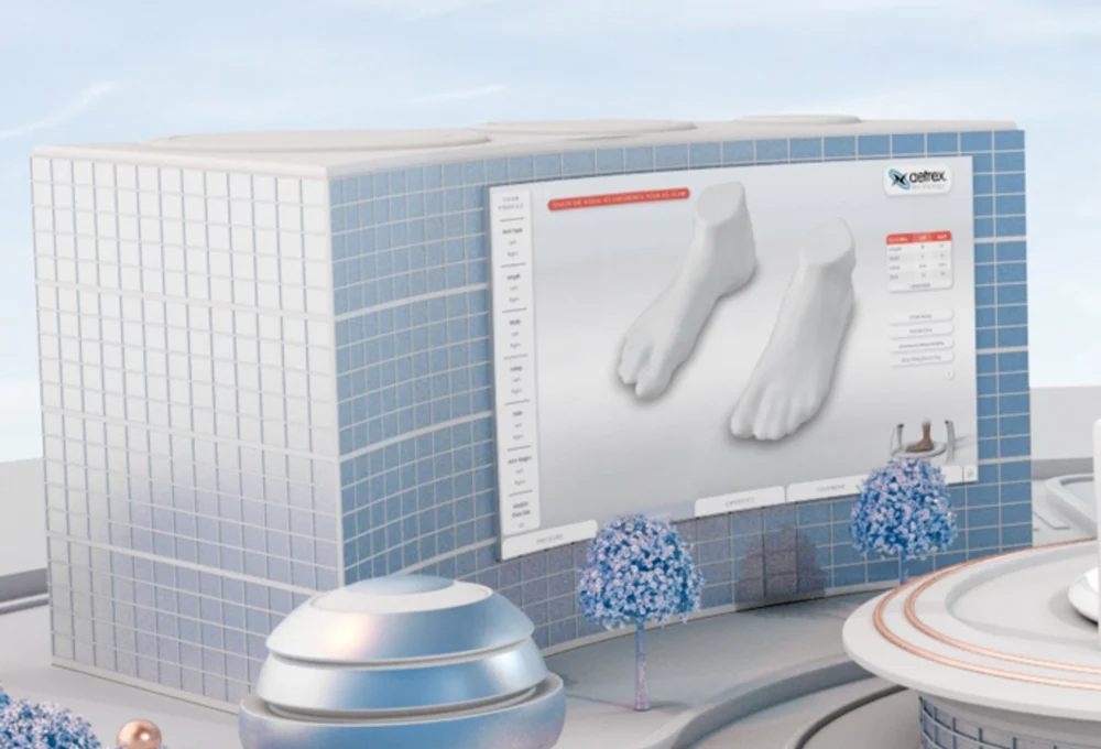 Medidas 3D del pie mostradas en la pantalla del escáner Aetrex Albert