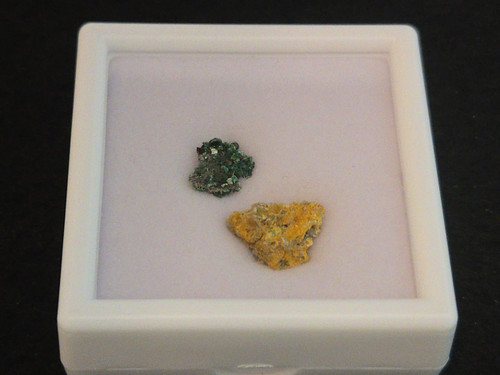 Torbernite & Parsonsite thumbnail sized specimens in labeled display case