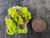 13.8 Gram Lamellar Autunite Crystal Formation under outdoor light size comparison to copper penny top view