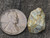 tan Gadolinite-(y)  crystal on display under outdoor light size comparison to copper penny top view