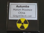 showing how the 9 gram lamellar autunite crystal is stored - bottom view of labeled perky box