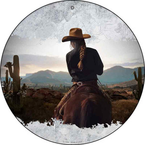 Cowgirl Facing Skyline Wholesale Novelty Metal Circle Sign