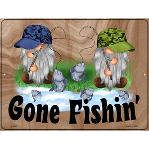 Gone Fishing Two Camo Gnomes Wholesale Novelty Metal Parking Sign