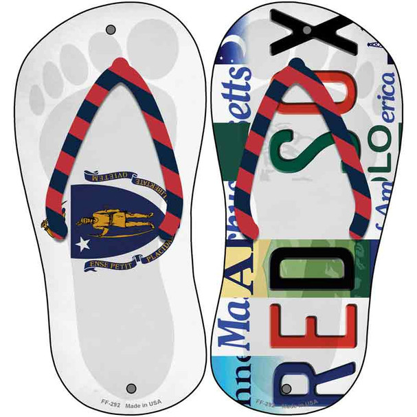 MA Flag|Red Sox Strip Art Wholesale Novelty Metal Flip Flops (Set of 2)