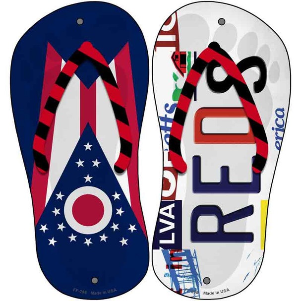 OH Flag|Reds Strip Art Wholesale Novelty Metal Flip Flops (Set of 2)