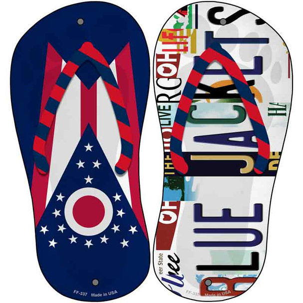 OH Flag|Blue Jackets Strip Art Wholesale Novelty Metal Flip Flops (Set of 2)