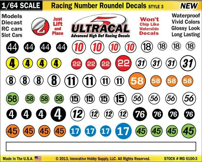 MG 6100-3 Ultracal Racing Number Roundel Decals Style 3 1:64 Scale