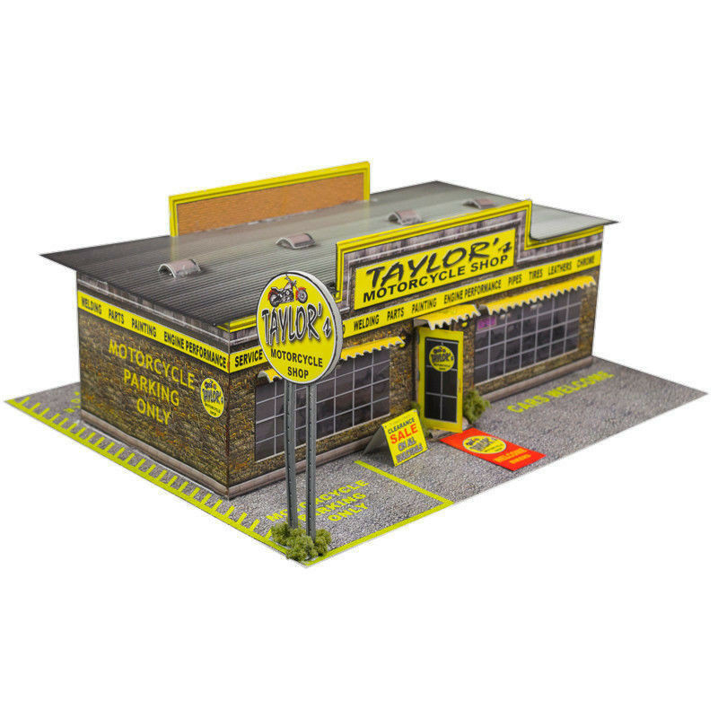 BK 8704 1:87 Scale "Motorcycle Shop  &  Barber Shop" Photo Real Scale Building Kit