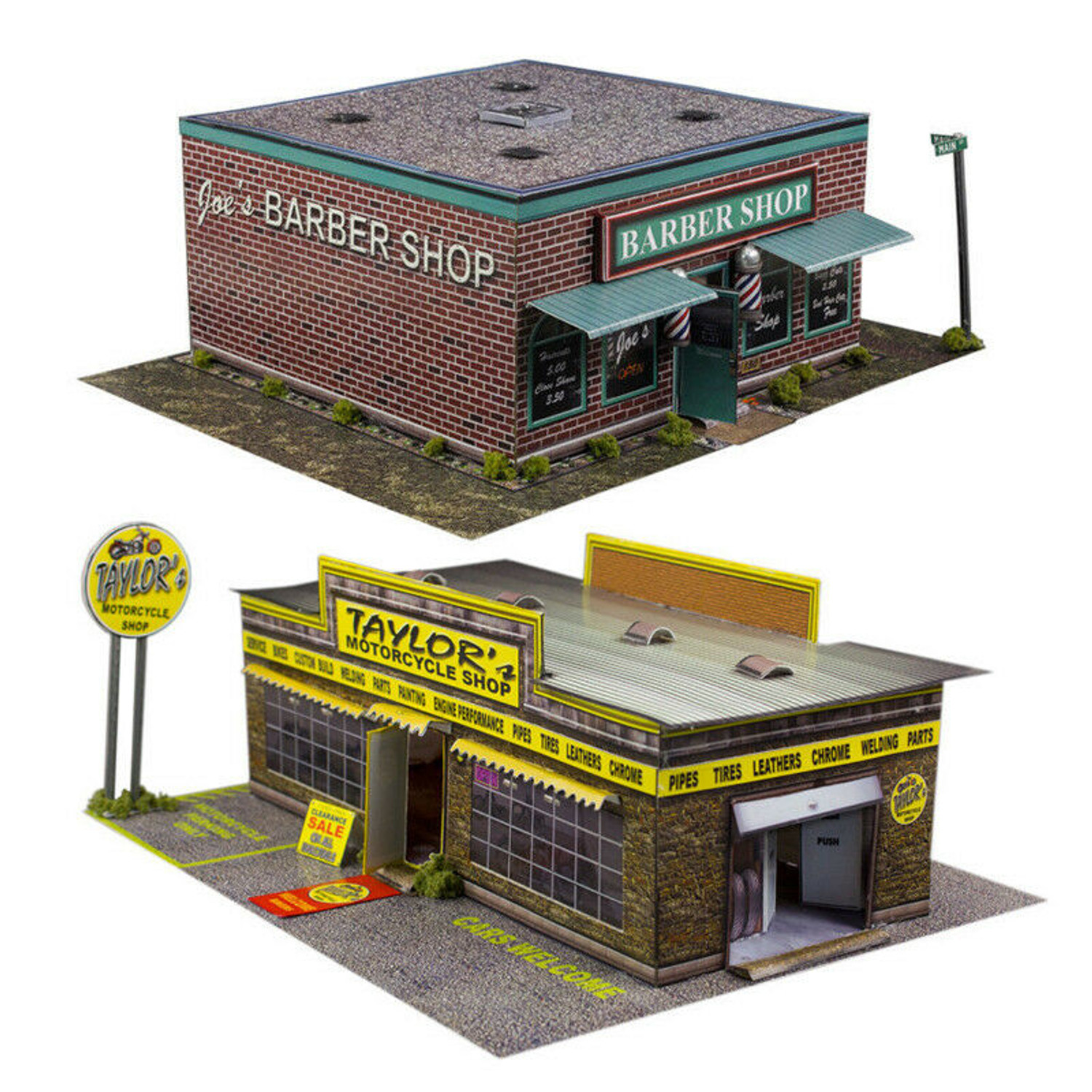 BK 8704 1:87 Scale "Motorcycle Shop  &  Barber Shop" Photo Real Scale Building Kit