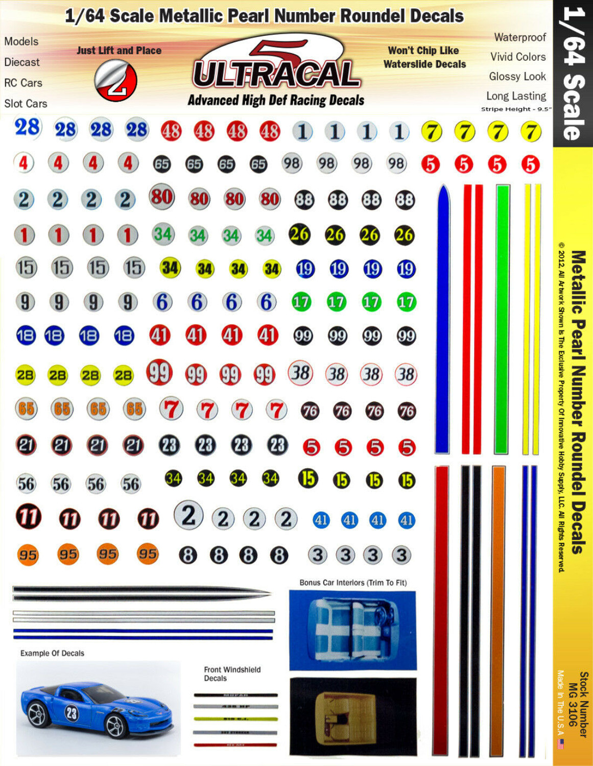 MG 3106 Ultracal Racing Metallic Pearl Number Roundel Decals 1:64 HO Scale