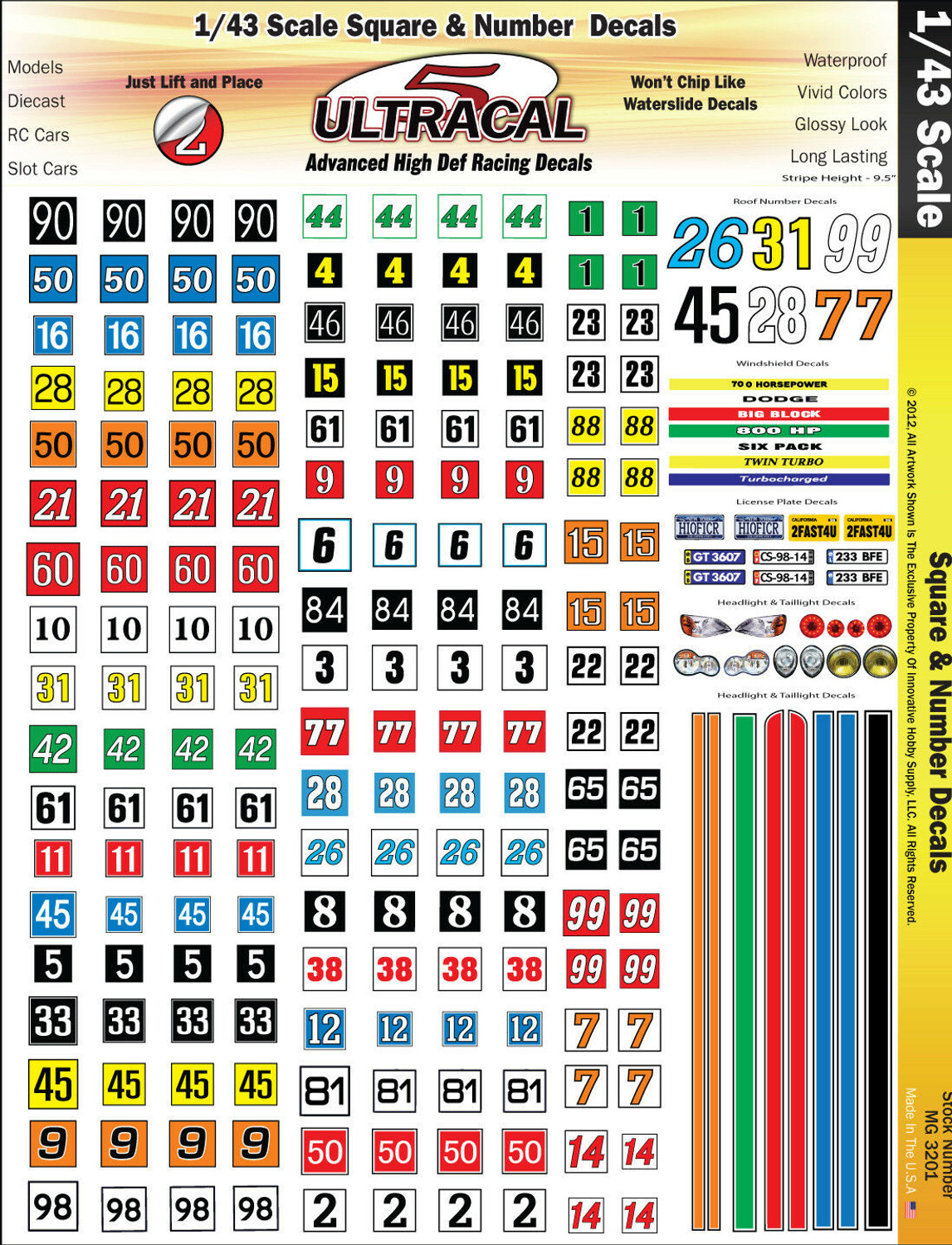 MG 3201 Ultracal Decals - Racing Number and Square Decals for 1/43 O Scale
