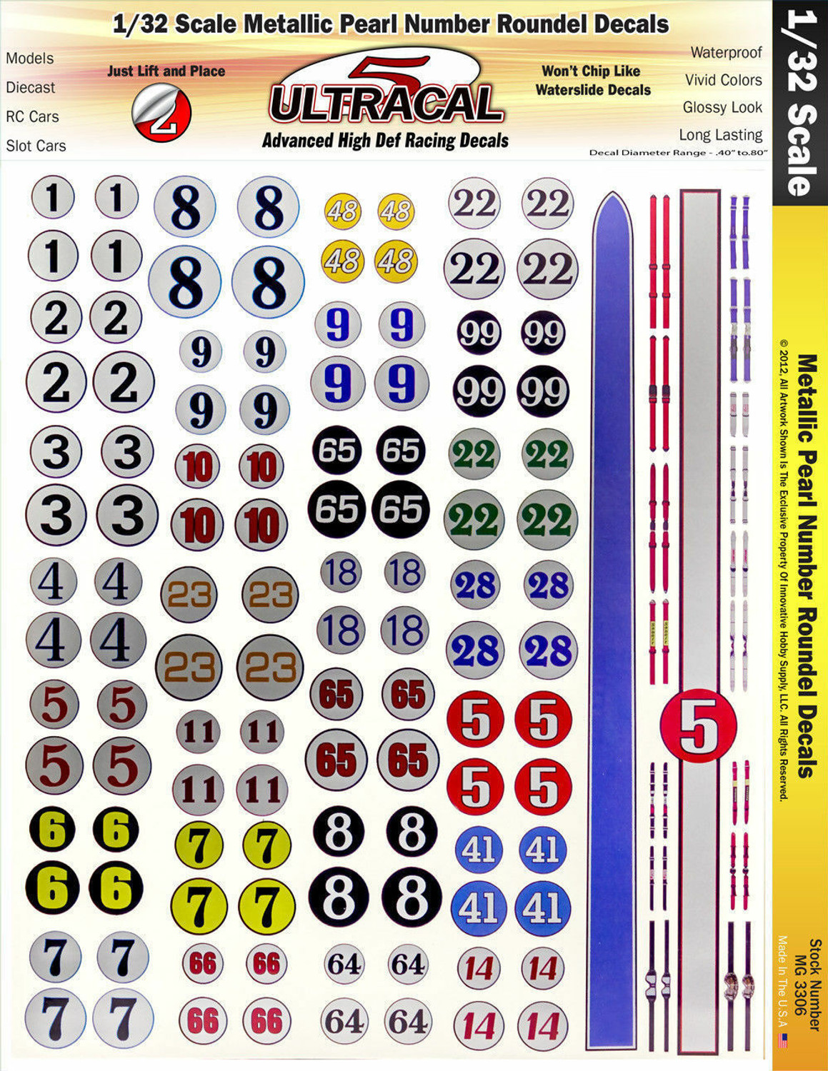 MG 3306 Ultracal Racing Metallic Pearl Number Roundel Decals 1:32 Scale