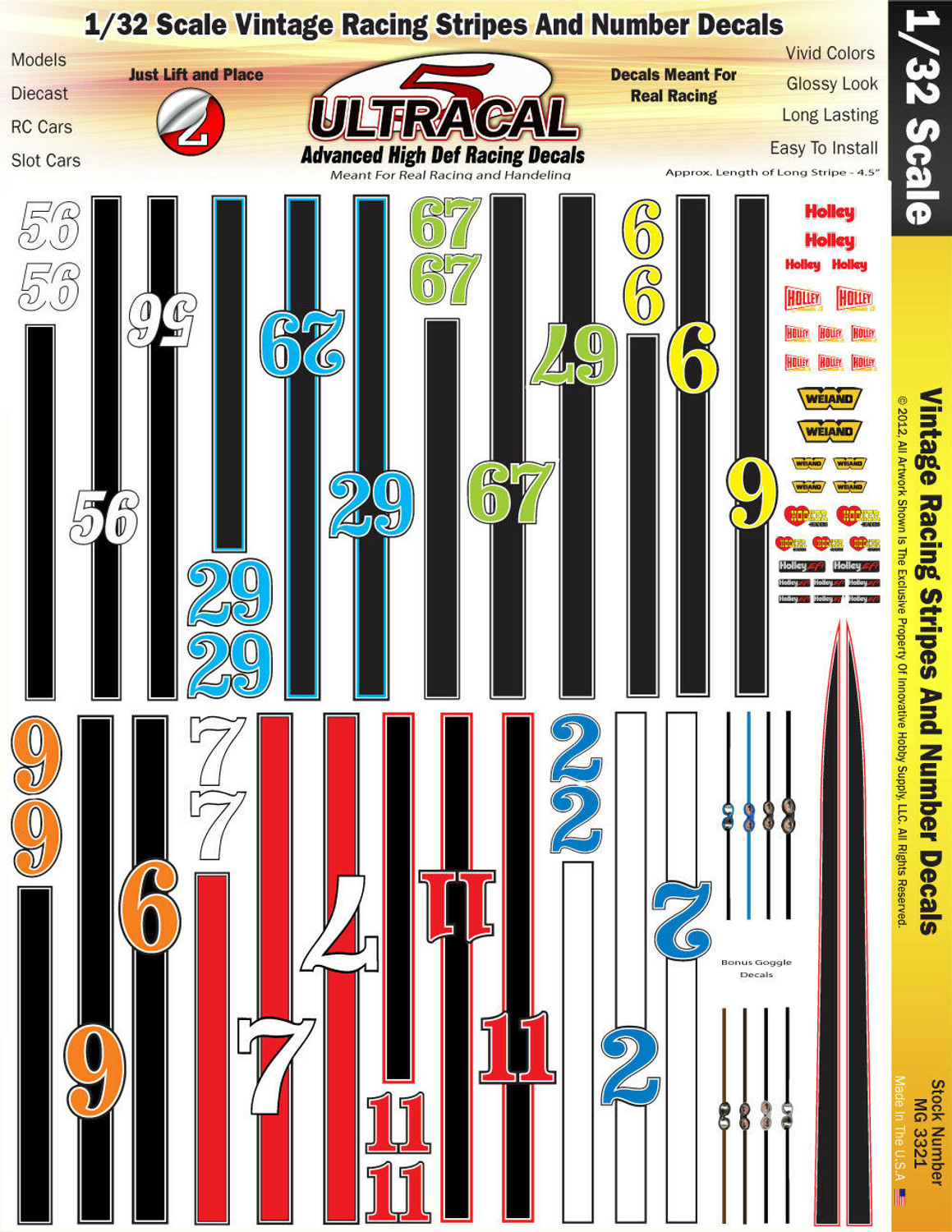 MG 3321 Ultracal Vintage Racing Stripes and Number Decals for 1:32 Scale Applications