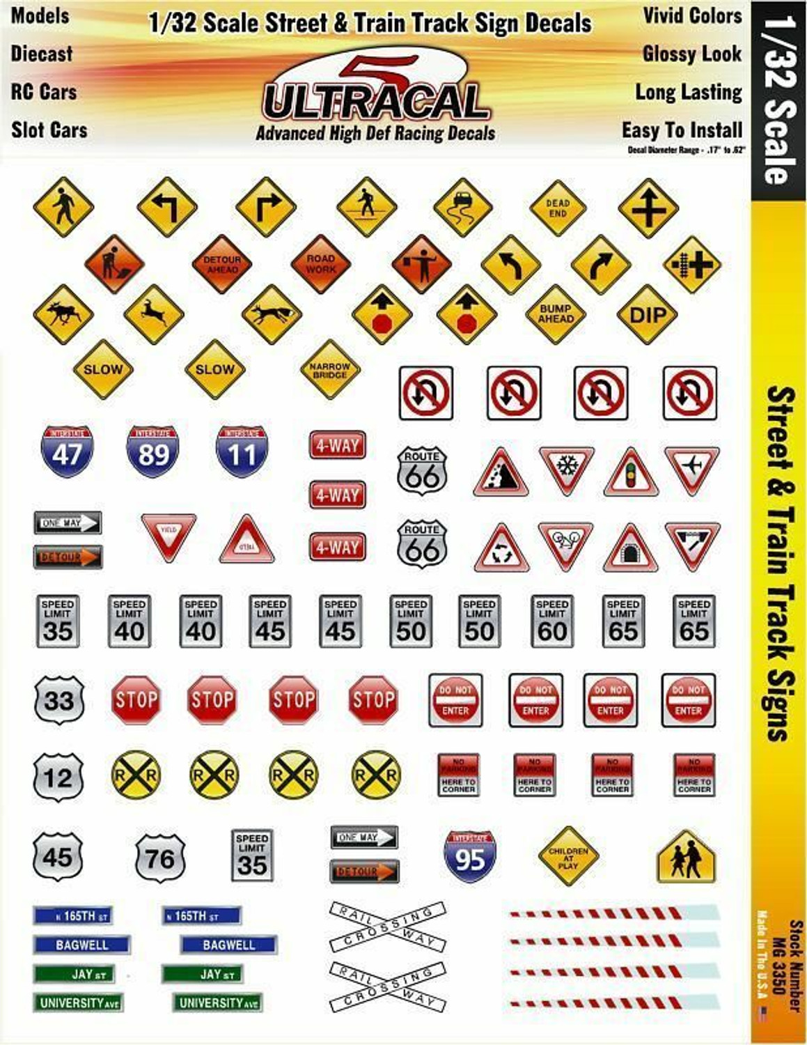 MG 3350 Ultracal Street and Train Track Sign Decals for 1:32 Scale Applications