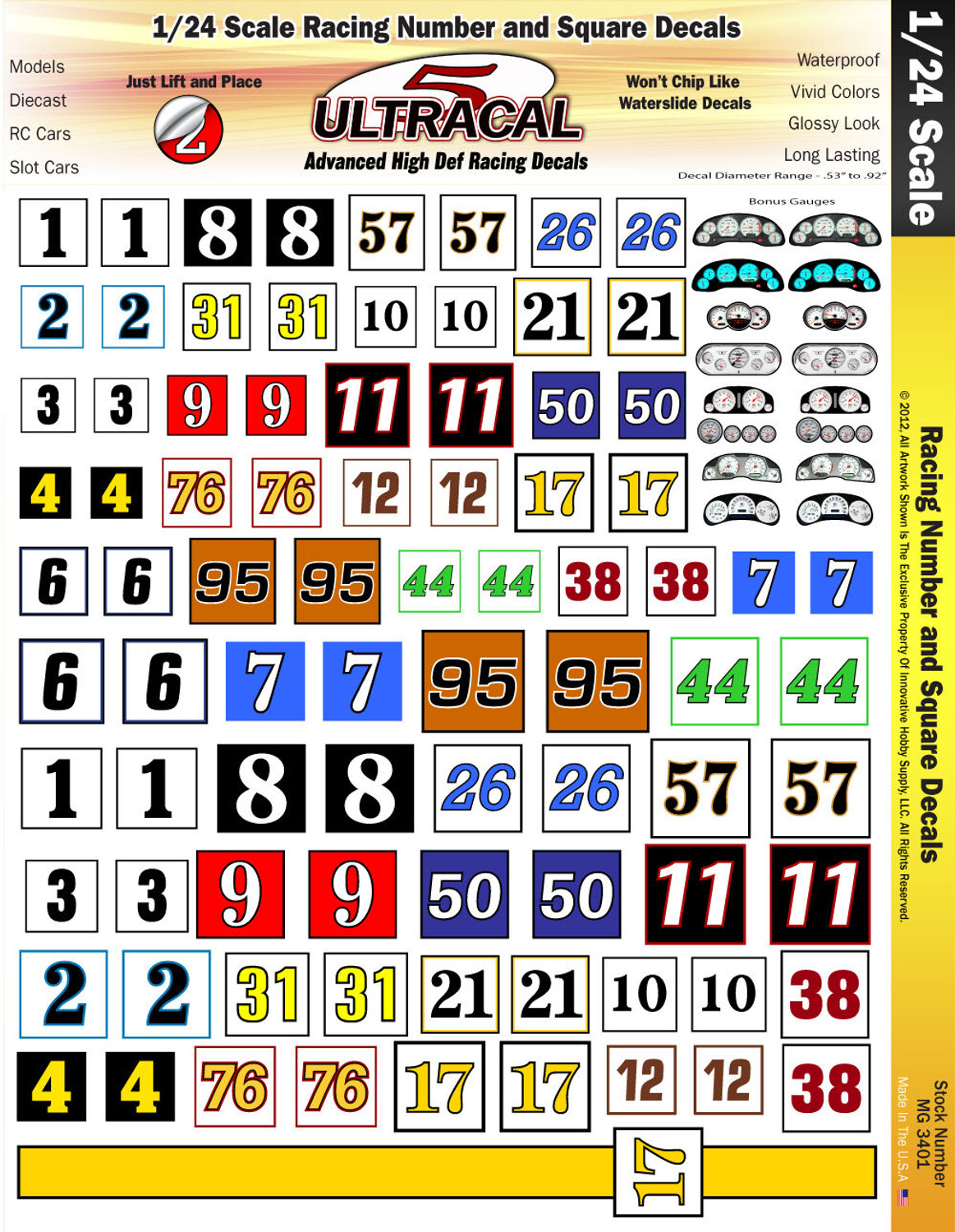 MG 3401 Utracal High Definition Racing Decals - Racing Numbers and Squares for 1:24 scale