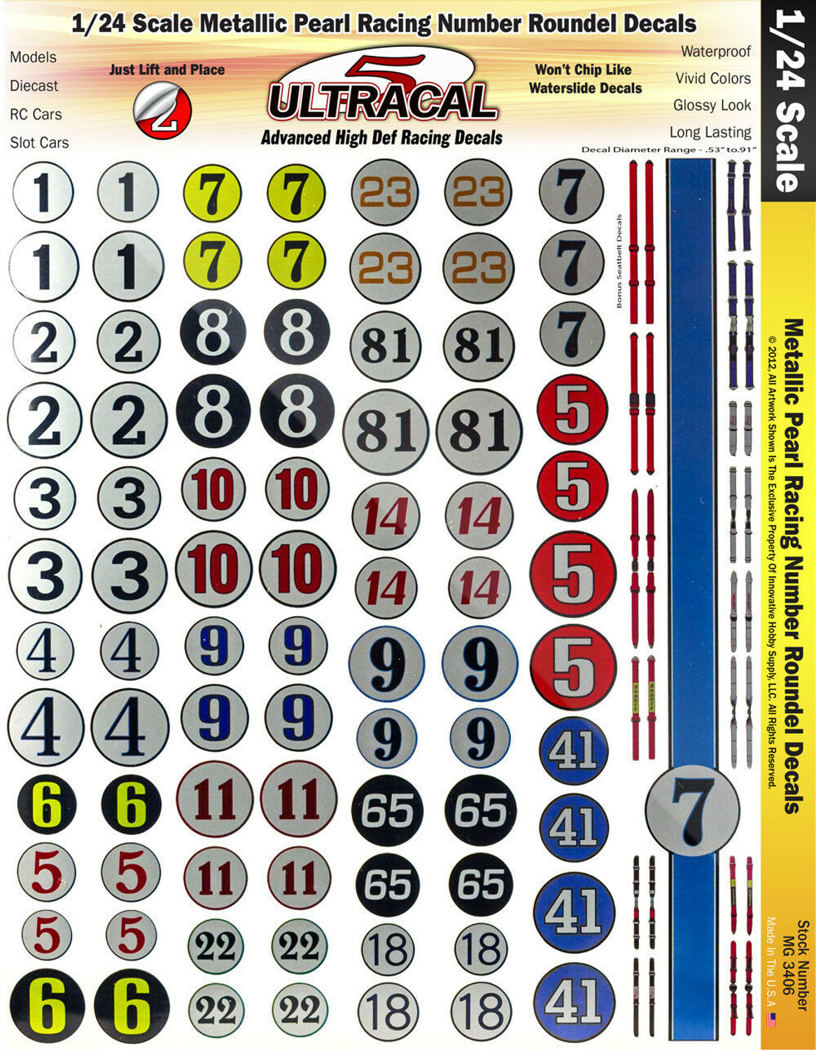 MG 3406 Ultracal Decals - Metallic Pearl Racing Numbers Roundel Decals