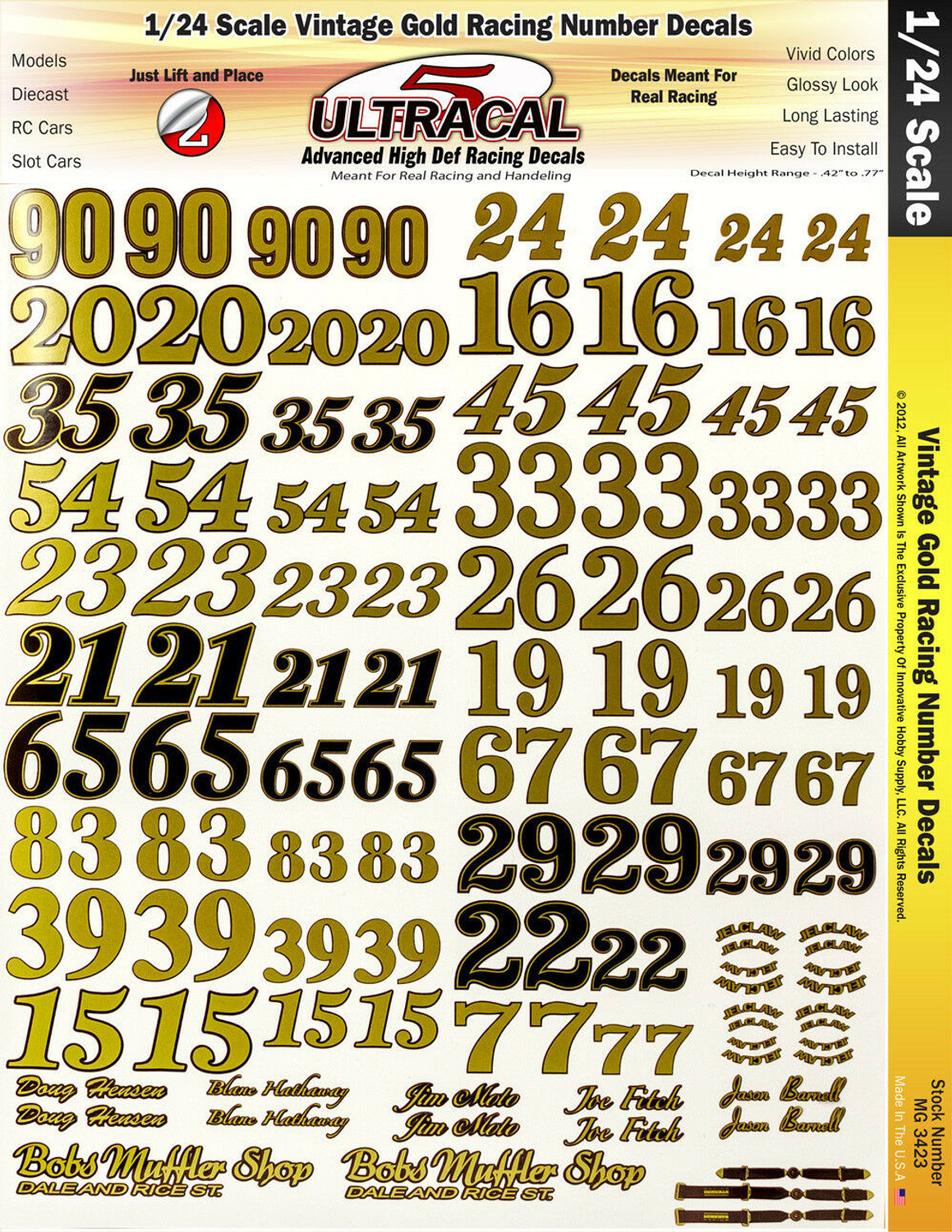 MG 3423 Utracal - Vintage Gold Racing Numbers - High Definition Racing Decals for 1:24 scale