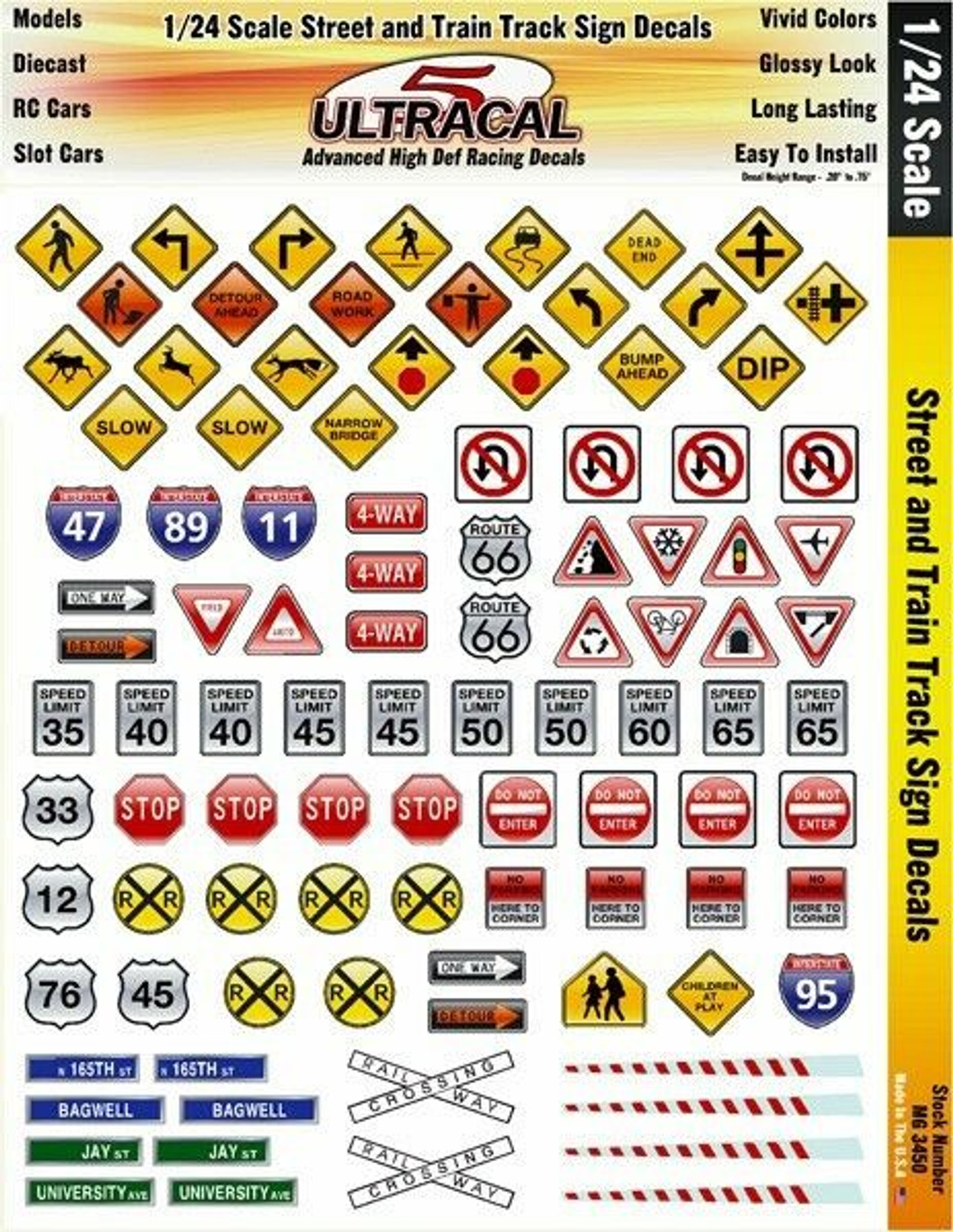 MG 3450 Ultracal Street and Train Track Signs Decals for 1:24 Scale Applications