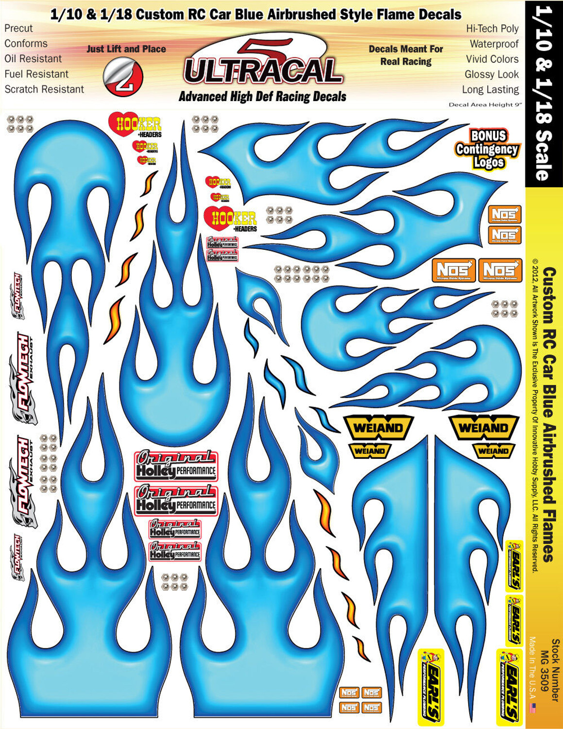 MG 3509 Ultracal Custom RC Car Blue Airbrush Flame Decals for 1:10 and 1:18 Scale