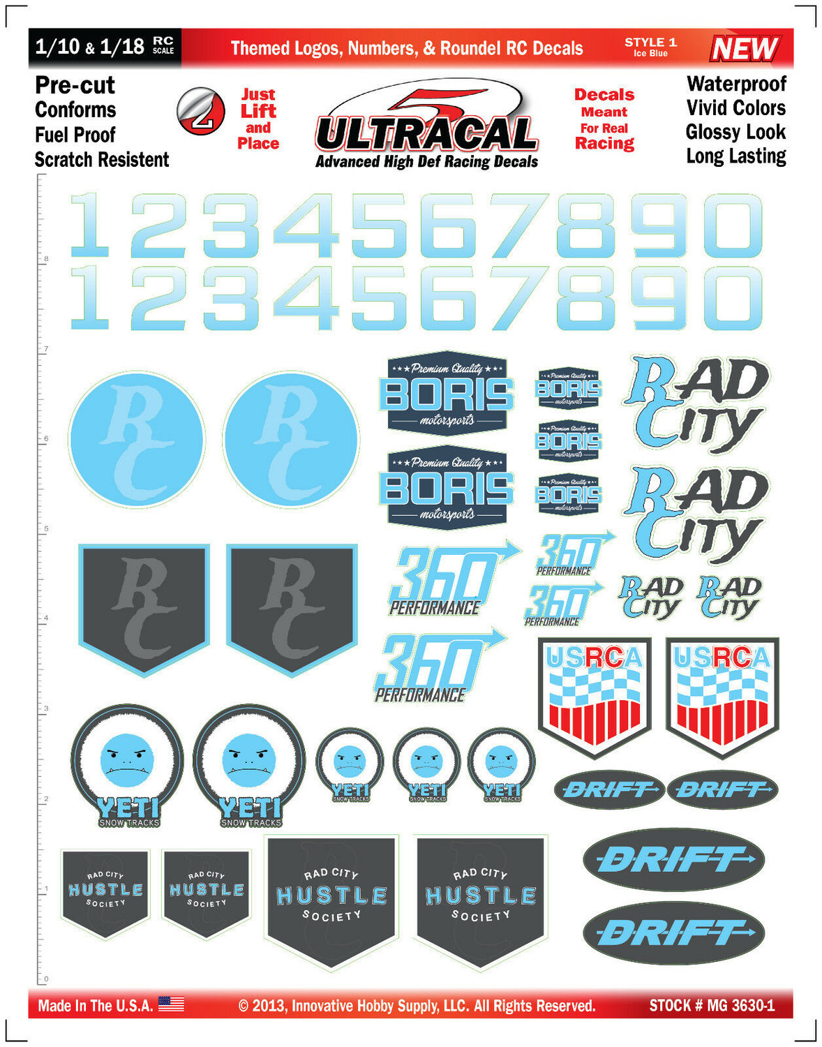 MG 3630-1 Ultracal Ice Blue Themed Logos, Numbers, & Roundel RC Decals for 1:10 and 1:18 Scale