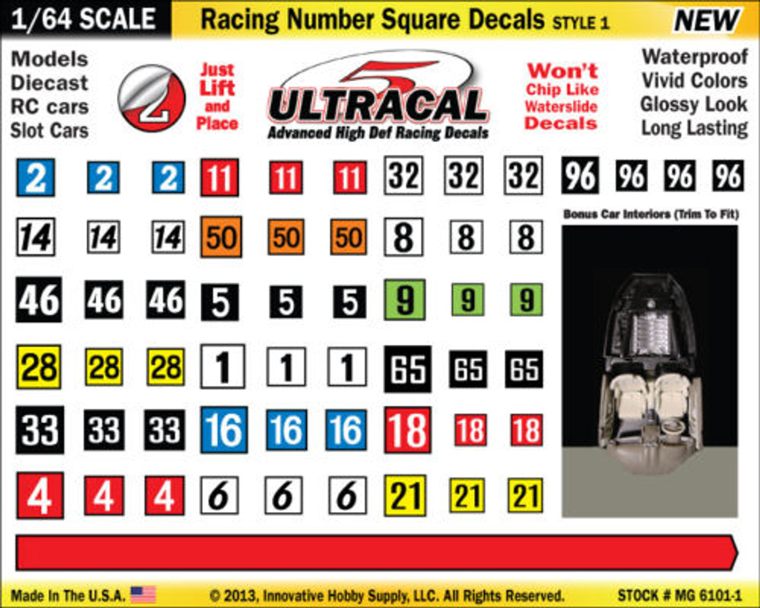 MG 6101-1 Ultracal Racing Number Square Decals Style 1 1:64 Scale