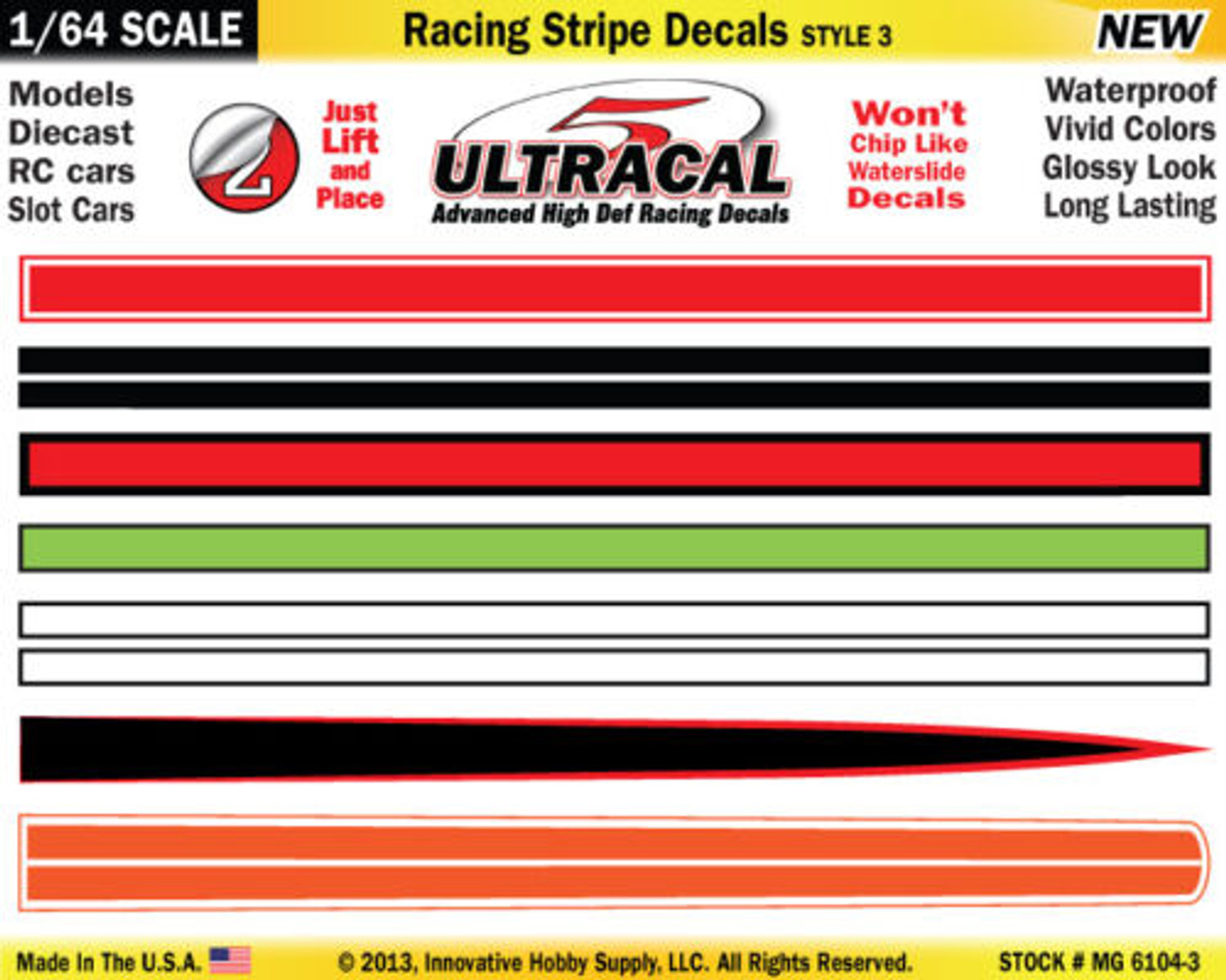 MG 6104-3 UltraCal Racing Stripe Decals Style 3 Red White Stripe 1:64 Scale