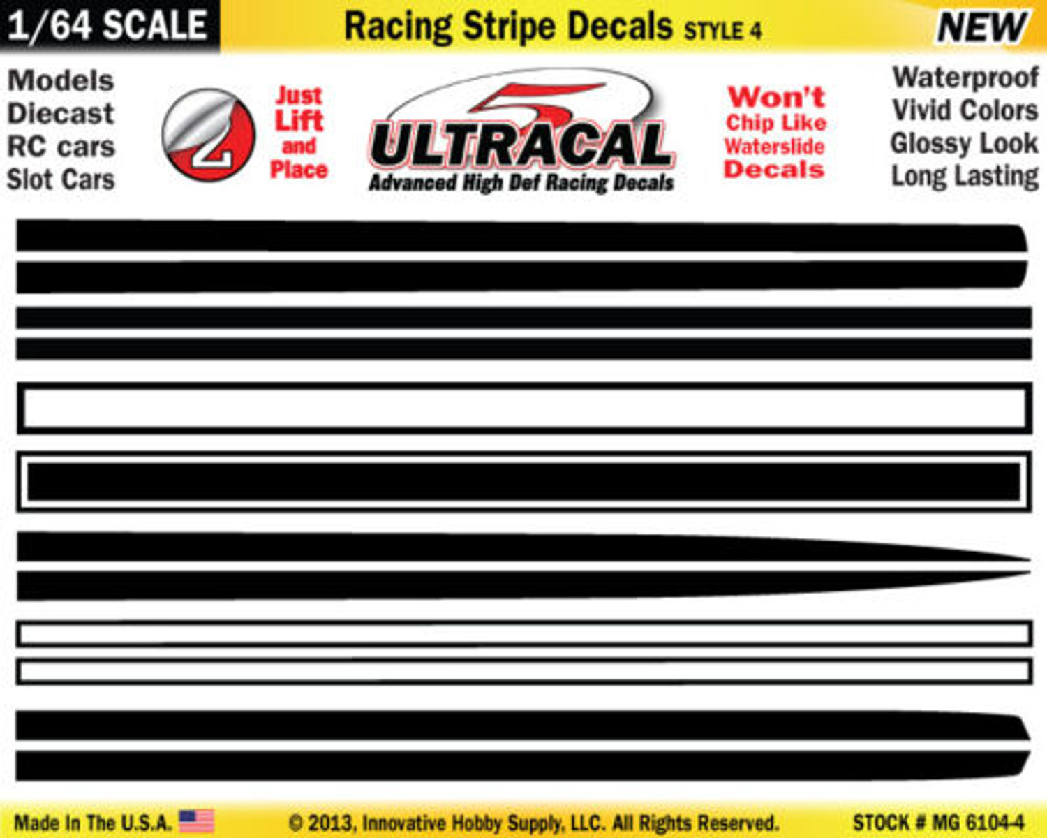 MG 6104-4 UltraCal Racing Stripe Decals Style 4 Black White Stripe 1:64 Scale