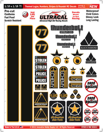 MG 3632-1 Ultracal Racing Yellow Themed Logos, Numbers, Stripes & Roundel RC Decals for 1:10 and 1:18 Scale