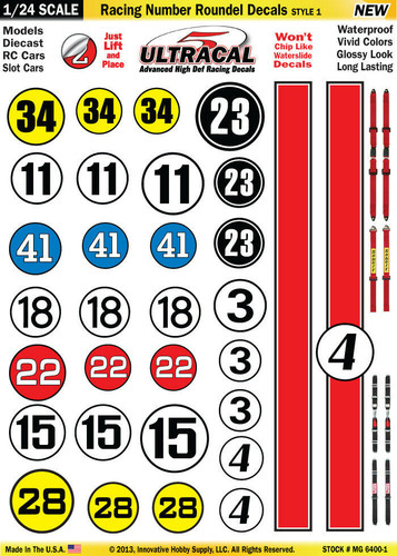 MG 6400-1 Ultracal Racing Number Roundel Style 1 Decals 1:24 Scale