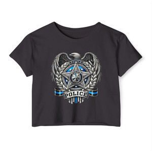 Police Badge Shield Star Eagle Crop Top T-Shirt - Thin Blue Line Memorial Law Enforcement Women's Festival Tee