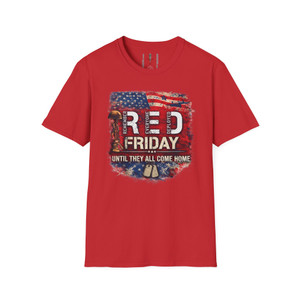 RED Remember Everyone Deployed USA Patriotic Military Dog Tags Tribute Softstyle T-Shirt — "Until They All Come Home"