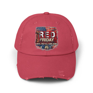 RED Remember Everyone Deployed USA Patriotic Military Dog Tags Tribute Distressed Cap Baseball Hat— "Until They All Come Home"