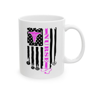 Nurse Caduceus Logo Stethoscope & USA Flag White Coffee Mug — Retro Icon Nursing Cup 11oz 15oz