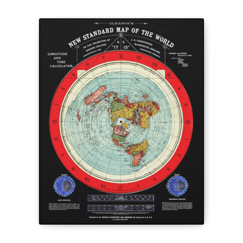 Gleason's 1892 New Standard Map of the World Flat Earth Black Matte Canvas, Stretched, 1.25"