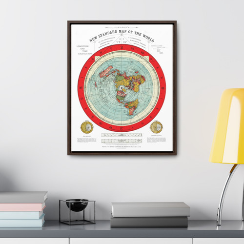 Gleason's 1892 New Standard Map of the World Flat Earth White Gallery Canvas Wraps, Vertical Frame