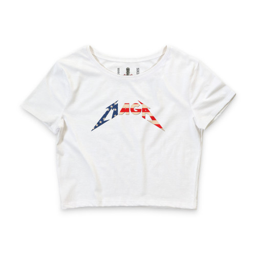 Patriotic MAGA Metal Flag Logo Women’s Crop Tee President Donald J Trump 45 47