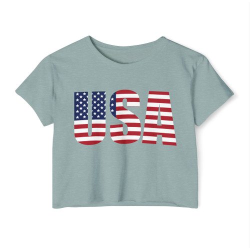 USA Flag Graphic Crop Top T-Shirt – Patriotic American Stars & Stripes Women's Festival Tee United States of America